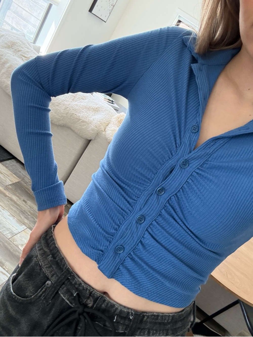 Reformation Ribbed Button-Front Crop Top - Blue - Picture 2 of 2